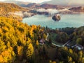 Foggy and misty sunrise in Bled lake at fall,Slovenia Royalty Free Stock Photo