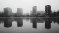 Foggy Cityscape Reflections Buildings in Monochrome Urban Scene Royalty Free Stock Photo