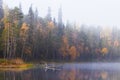 A foggy morning in the colorful taiga forest by a small lake Royalty Free Stock Photo