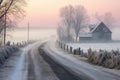 foggy morning drive on a frost-covered rural road Royalty Free Stock Photo