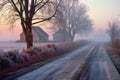 foggy morning drive on a frost-covered rural road Royalty Free Stock Photo