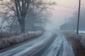 foggy morning drive on a frost-covered rural road Royalty Free Stock Photo