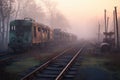 foggy morning at eerie train graveyard