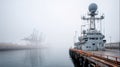 Foggy morning at industrial dock with radar ship and cranes Royalty Free Stock Photo