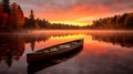 Foggy morning on a lake with a boat in the foreground.