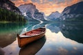 Foggy morning on lake Braies, Dolomites, Italy, A beautiful view of a traditional wooden rowing boat on scenic Lago di Braies in Royalty Free Stock Photo