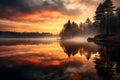 Foggy morning on the lake. Colorful autumn landscape. Morning glow and coniferous forest reflected in the lake surface