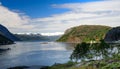 Fantasy landscape with red wooden church in Norway, Scandinavia Royalty Free Stock Photo