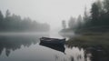 Foggy morning on the lake with wooden boat in the foreground