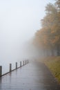 Foggy morning on the lake with wooden pier and walking person Royalty Free Stock Photo