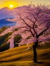 Foggy morning landscape with sky. Branches blooming pink cherry trees against Royalty Free Stock Photo