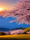 Foggy morning landscape with sky. Branches blooming pink cherry trees against