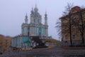 Foggy morning landscape view of ancient baroque Saint Andrew\'s Church in the Andriyivskyy Uzviz