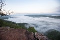 Foggy morning mist in valley beautiful in Thailand Asian - Misty landscape mountain fog and forest tree view on top Royalty Free Stock Photo