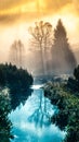 Foggy morning in the mountains with first sun beams. Trees reflected in the water Royalty Free Stock Photo