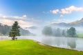 Foggy morning on the mountains lake landscape with tree and bench