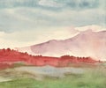 Foggy morning in the mountains. Watercolor painting Royalty Free Stock Photo