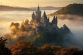 Foggy morning over the castle of Segovia, Spain, AI Generated