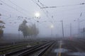 Foggy morning at a railway station.Russia Royalty Free Stock Photo