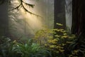 foggy morning in a redwood forest, highlighting size Royalty Free Stock Photo