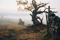 a foggy morning scene with a dead tree and a fence Royalty Free Stock Photo