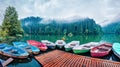 Foggy morning scene of Lacu Rosu lake. Splendid summer view of Harghita County, Romania, Europe. Beauty of nature concept backgrou