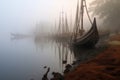 foggy morning scene of viking ships anchored near a shoreline