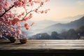 Foggy morning serenity Wooden table adorned with sakura blossoms