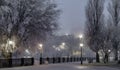 Foggy morning in a snowless winter on the city embankment