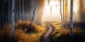 Foggy morning with sunbeam in walking path in the middle of the forest. Royalty Free Stock Photo