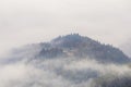 Foggy morning. Sunrise. Landscape with high mountains. Forest of the pine trees. The early morning mist. Touristic place. Natural