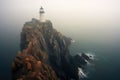 foggy morning surrounding an isolated lighthouse on a cliff