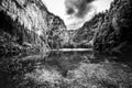 Black and white lake landscape with mountains. Cloudy and foggy view, abstract nature panorama Royalty Free Stock Photo