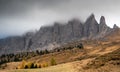 Foggy mountain landscape of the picturesque Dolomites at Passo Sella area in South Tyrol in Italy