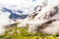 Foggy mountain landscape and starting point of the death road in