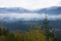 Foggy mountain range in yoho national park, Canada in fall foliage Royalty Free Stock Photo