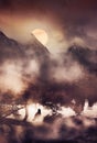 Foggy mountain scene with full moon and lone crow standing on a branch