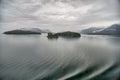 Foggy mountain and waterscape in alaskan summer