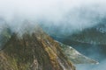 Foggy Mountains Landscape aerial view from Hermannsdalstinden summit in Norway scandinavian