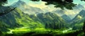 Foggy mountains landscape landscape vector illustration. Smoky rocky panorama with mountain mountains and silhouettes Royalty Free Stock Photo