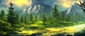 Foggy mountains landscape landscape vector illustration. Smoky rocky panorama with mountain mountains and silhouettes Royalty Free Stock Photo