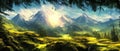 Foggy mountains landscape landscape vector illustration. Smoky rocky panorama with mountain mountains and silhouettes Royalty Free Stock Photo