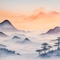 Foggy mountains landscape. Scenery with slopes, misty clouds and sunset. Chinese color ink painting panorama. Oriental traditions Royalty Free Stock Photo