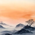 Foggy mountains landscape. Scenery with slopes, misty clouds and sunset. Chinese color ink painting panorama. Oriental traditions Royalty Free Stock Photo