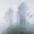 Foggy mystery moonlight in long way with trees