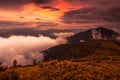 Foggy nature mountains scenery, stunning autumn  sunset landscape,  panoramic nature scenery Royalty Free Stock Photo