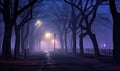 Foggy night park. Mysterious alley background. For banner, postcard, book illustration. Created with generative AI tools Royalty Free Stock Photo