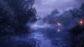 Foggy Night on River With Trees and Lights Royalty Free Stock Photo