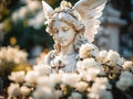 Foggy old cemetery. Marble figure of a beautiful sad angel