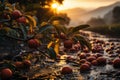 Foggy Orchard Morning Apple orchard covered in morning - stock photo concepts